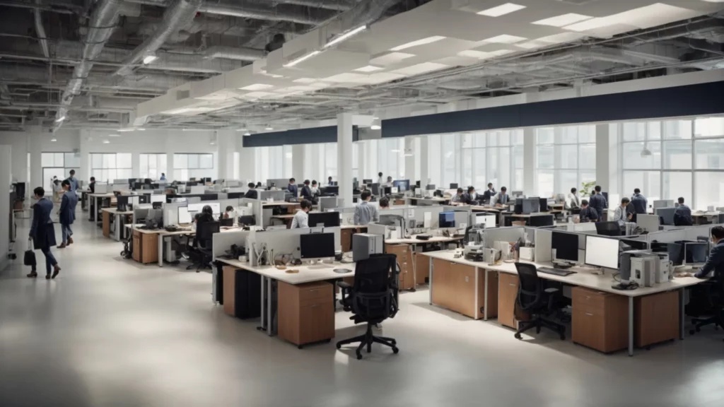 a bustling open-plan office with employees at desks working on computers and collaborating around a large conference table.