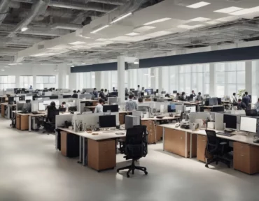 a bustling open-plan office with employees at desks working on computers and collaborating around a large conference table.