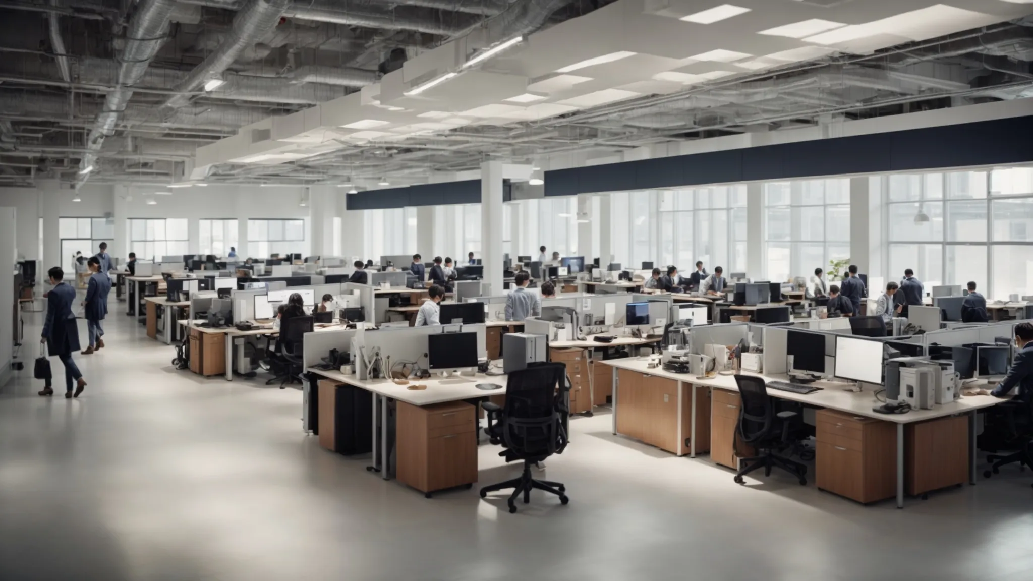 a bustling open-plan office with employees at desks working on computers and collaborating around a large conference table.