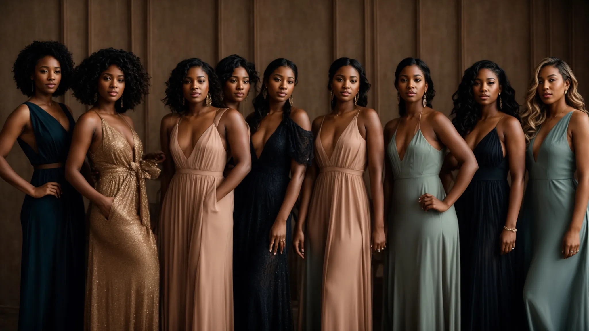 a diverse group of women confidently poses in a variety of dresses, showcasing different lengths from mini to maxi.