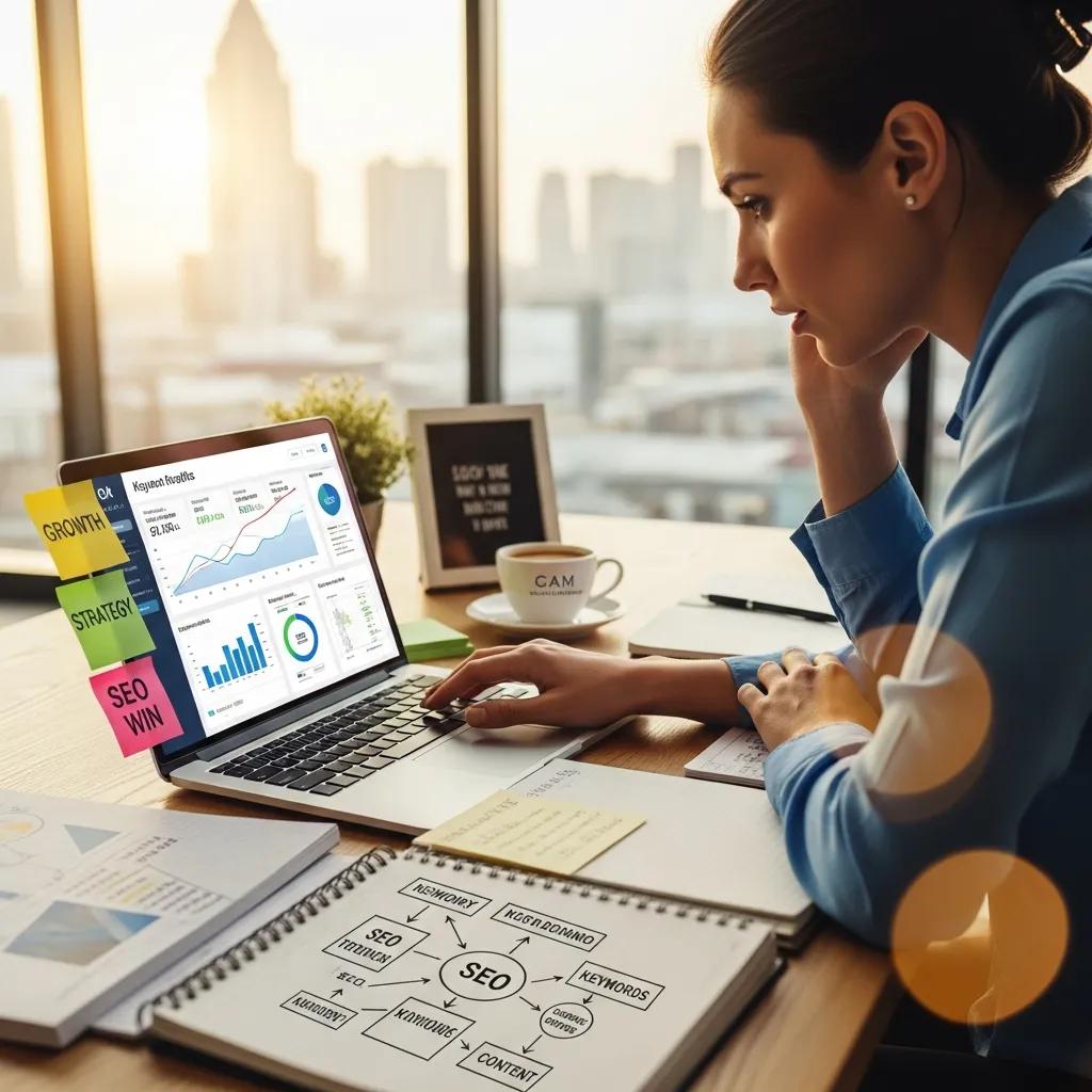 Business owner analyzing website performance metrics for SEO strategies