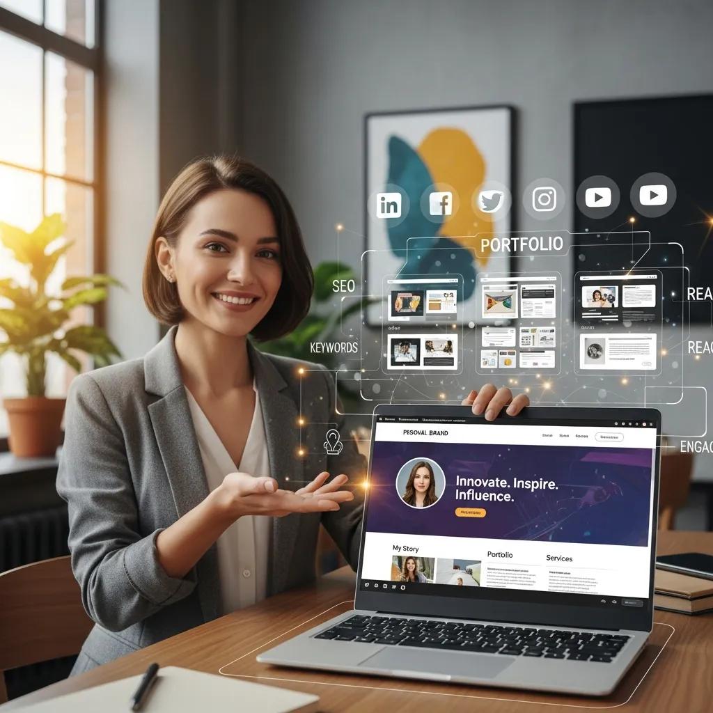 Entrepreneur showcasing personal brand on a laptop with social media icons