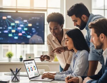 Group of professionals collaborating on SEO strategies in a modern office