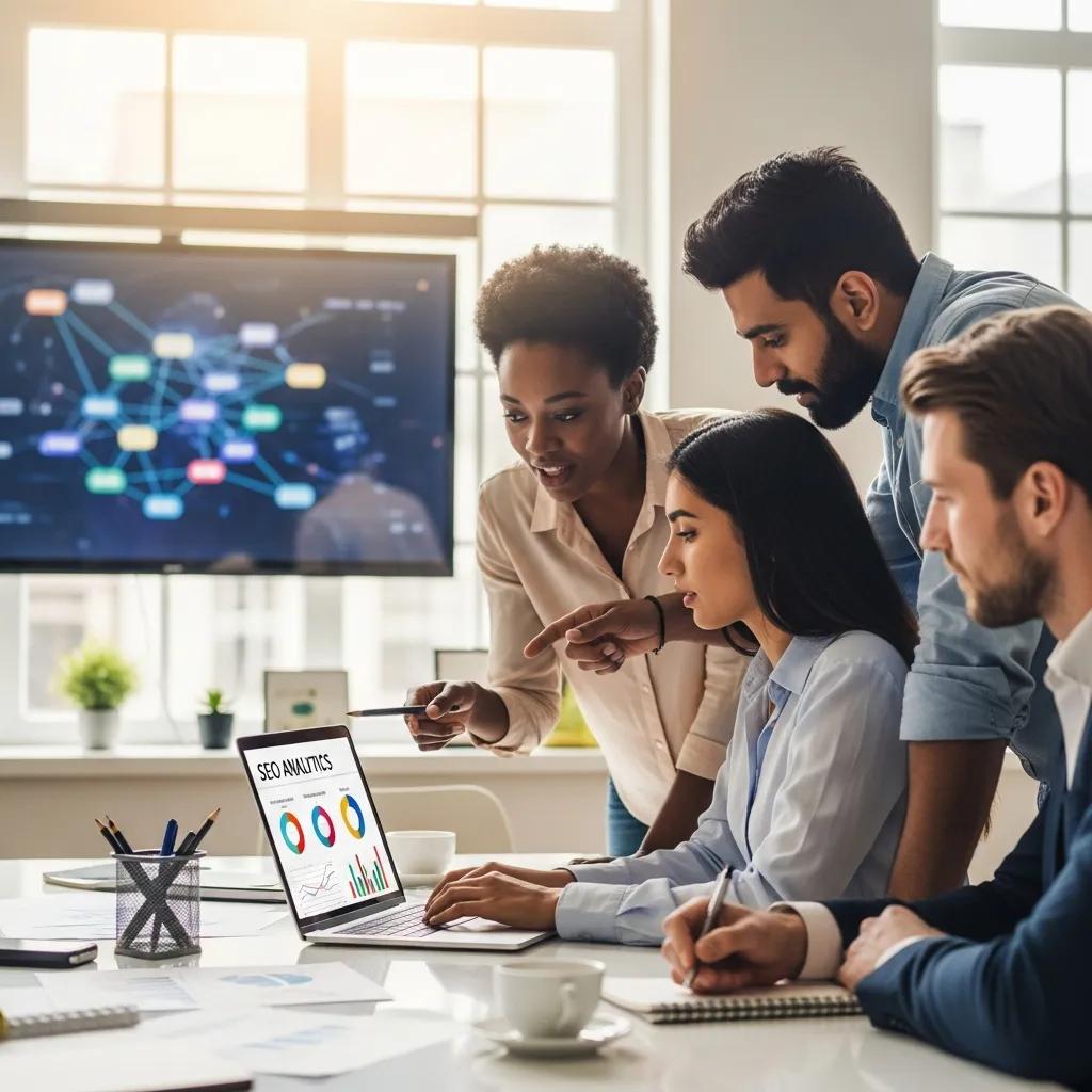 Group of professionals collaborating on SEO strategies in a modern office