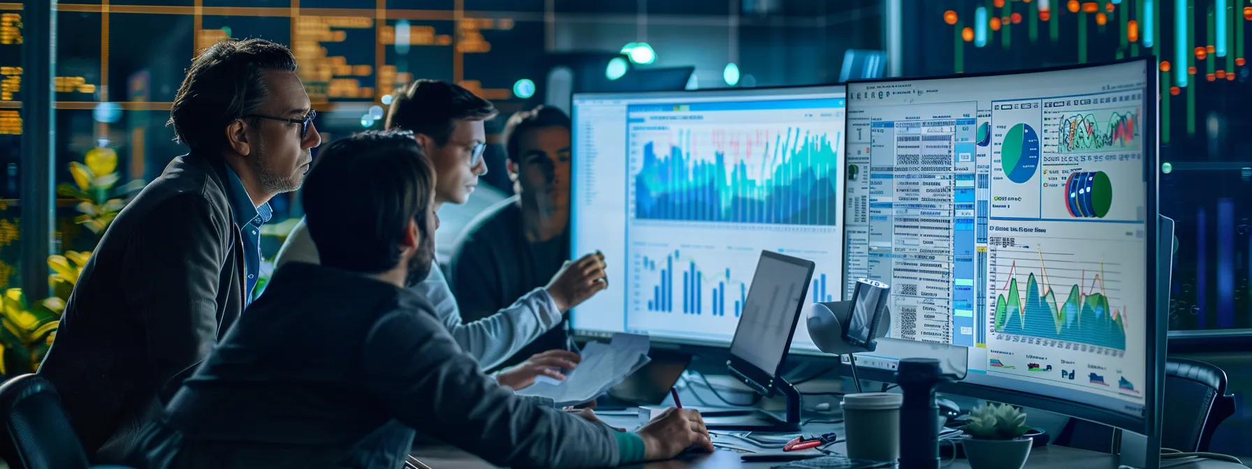 a group of professionals gathered around a computer screen, analyzing data from an amazon aurora database using baiinsight's connector.