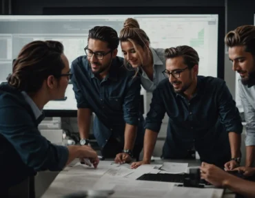 a group of professionals excitedly discussing around a computer screen displaying complex data flow charts.